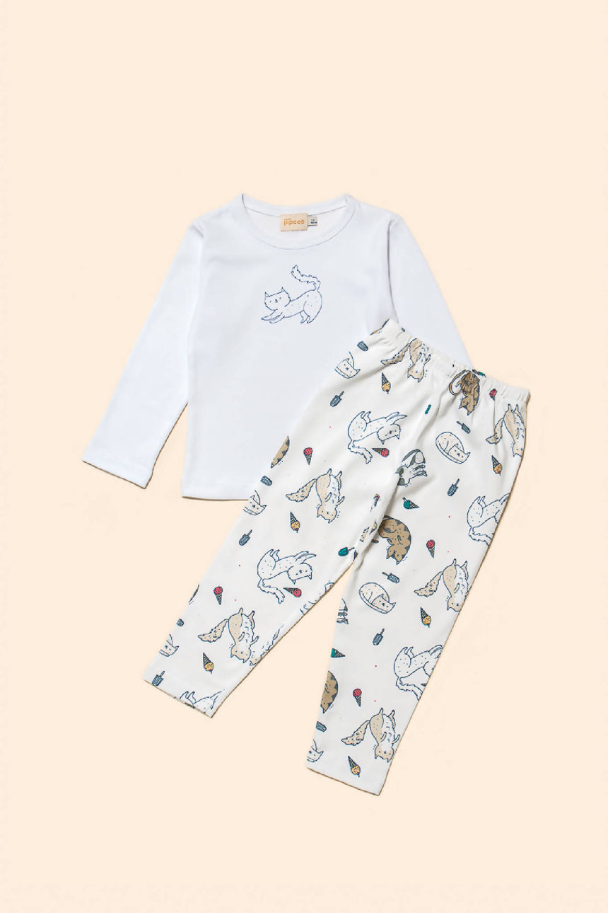 Pijama Infantil Manga Longa e Calça Gatos com Sorvetes